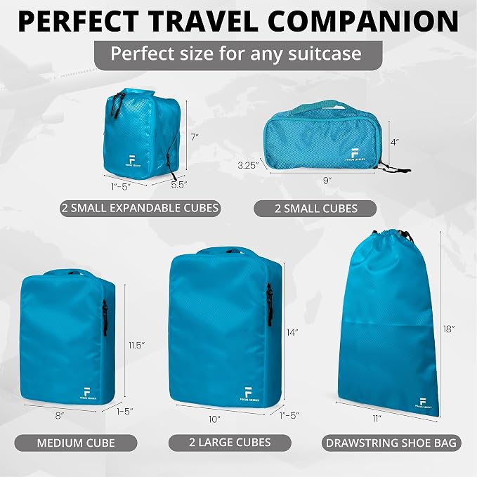 8 Piece Compression Packing Cubes Set - Double Capacity Design for Travel - Small, Medium & Large Sizes - Carry-On Suitcase Organizer Bags (Turquoise) - Image 6