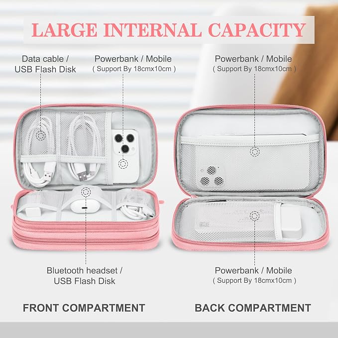 FYY Electronic Organizer, Travel Tech Pouch Bag, Medium, Pink | Wrist Strap, Waterproof, Double Layers Portable Electronics Travel Carrying Case for Cord, Charger, Daily Business Trips Use - Image 3