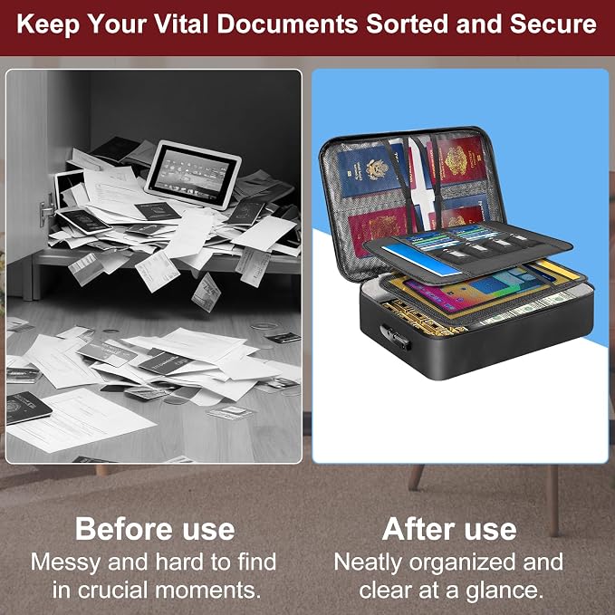 Fireproof Document Organizer Box with Lock for Important Documents | 8 Layers File Organizer, 5200°F Fire & Water-Resistant, Portable Home Travel Safe Storage, 15"x11"x4.1", Black, Soft - Image 9