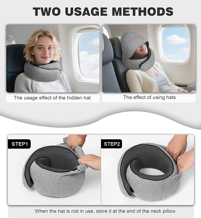 Travel Neck Pillow, Newly Upgraded Hooded Neck Pillow , 100% Pure Memory Foam Travel Pillow for Flight Headrest Sleep,Portable Aircraft Accessory,Suitable for use in Plane/Car/Office(Light grey) - Image 4