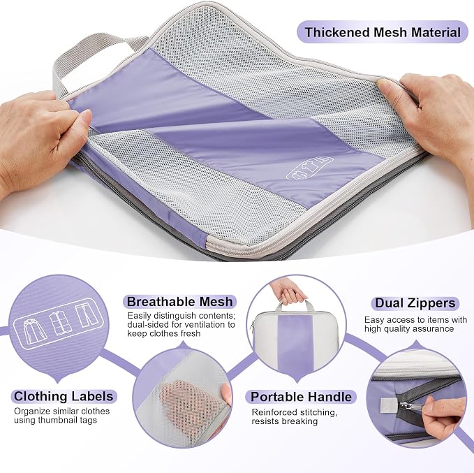 OlarHike 10 Set Compression Packing Cubes for Travel Essentials,Compressible Expandable Space Saver Bags for Organizing Clothes,Luggage Suitcase Garment Bags with Over 1000 pcs Mesh Holes(Purple Gray) - Image 6