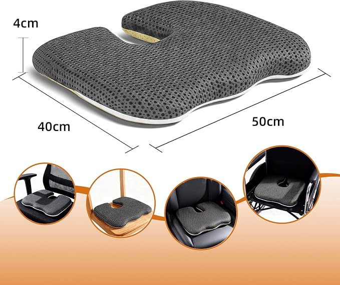 Gooo&Ma Air Fiber Seat Cushion, U-Shape Tailbone Comfort, Grey | Breathable cooling, ergonomic design, for office chair/car/gaming, washable, non-slip base, 19.7"x15.7"x1.6" - Image 2