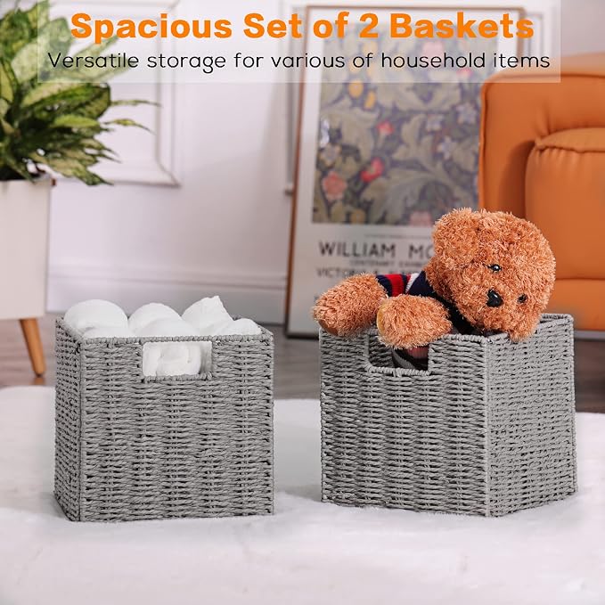 Storage Basket, Set of 2 Hand-Woven Paper Rope Wicker Baskets for Storage, Foldable Cube Storage Bins Organizer, 9 inch Medium Wicker Storage Baskets for Shelves Pantry Organizing Decor, Grey - Image 5