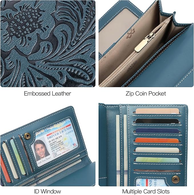 GOIACII Leather Wallets for Women RFID Blocking Western Clutch Blue | Embossed Design, Trifold, Large Billfolds, Vintage Flower, Ladies Purses with Zipper Coin Pocket - Image 6