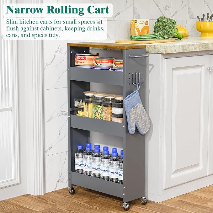XYZLVSI Slim Storage Cart, Narrow Kitchen Rolling Cart for Small Spaces | 5.9" W skinny storage cart, 12.4" bottom metal utility cart with 360° swivel wheels for bathroom/laundry, slim shelf, Gray - Image 7