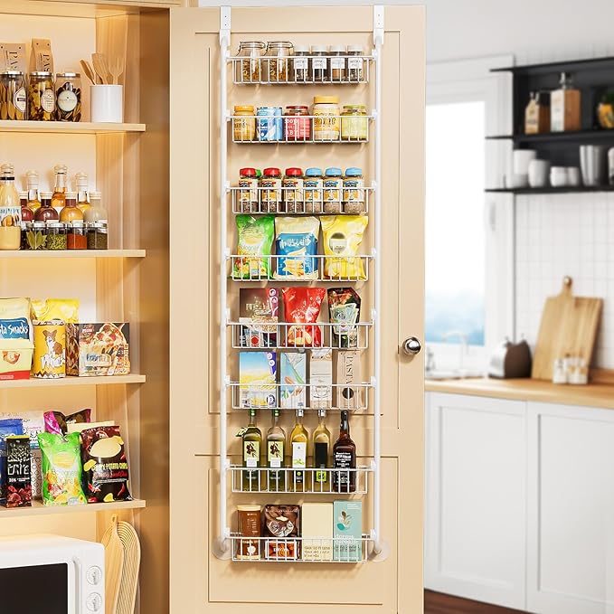 Delamu Over The Door Pantry Organizer, 8-Tier Metal Pantry Door Organization and Storage for Easy Install, Hanging Spice Rack Seasoning Shelves, Door Organizer for Kitchen, 4.65"D x 18"W x 65"H, White by DELAMU