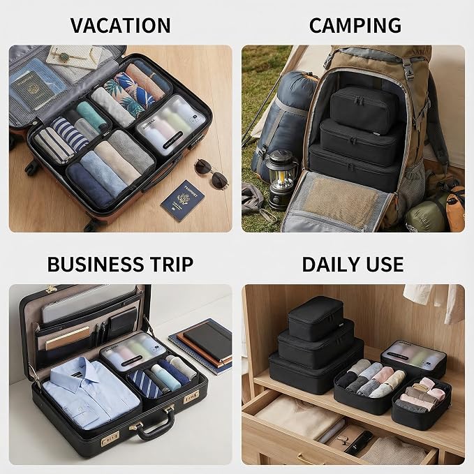 6 Set Compression Packing Cubes for 7–14 Day Travel, Jet Black | Nylon Oxford Fabric, Full Breathable Mesh, Reinforced Double-Zipper, Small to Large Size Bag, Expandable Packing System - Image 4