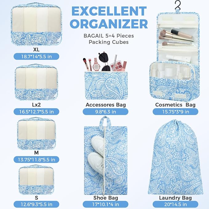 BAGAIL 9 Set Packing Cubes with Packing List Luggage Packing Organizers for Travel Accessories (Blue paisley) - Image 5
