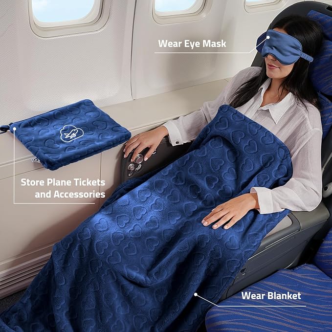 Travel Blanket, Airplane Blanket, Ultra-Soft, Warm & Lightweight, 65x40 in, Outdoor Blanket Essentials for Women, Men & Kids, Included Eye Mask, Luggage Sleeve & Backpack Clip Heart Navy Blue - Image 2