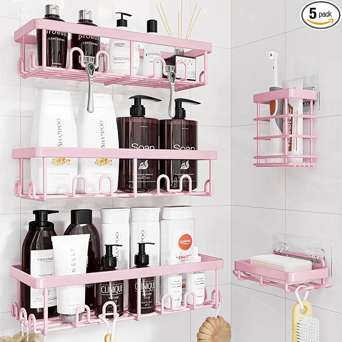 Shower Caddy Adhesive, Rustproof Shower Organizer, Wall Shower Rack | Large Capacity Shower Shelves for Inside Shower, Shampoo Shower Holder, Pink, 3 Caddies, 1 Soap Dish, 1 Toothbrush Holder by YASONIC