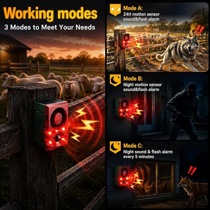 ChunHee Solar Outdoor Motion Sensor Alarm Dog Barking Gunshot Sound 130dB | Support Recording and Adjustable Volume,Loud Noise Maker 3 Work Modes Strobe Light for Home, Villa, Farm, Barn (3pack) - Image 5