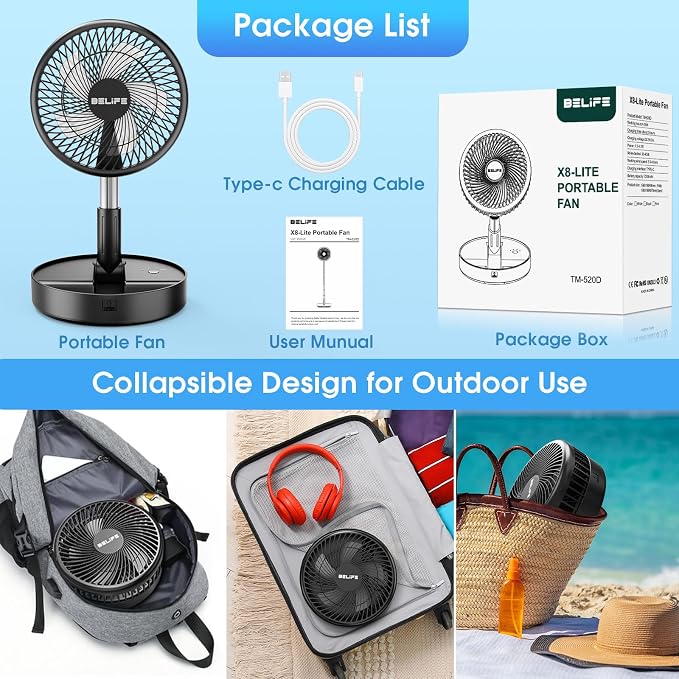 Belife X8-Lite Portable Camping Fan for Travel | 7200mAh Rechargeable Battery Powered Fans, USB Desk Fan with Remote, Foldable Cordless Floor Fan for Bedroom, 7.7" - Image 7