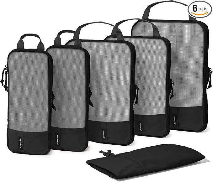 (Not Made In China) 6pc Compression Packing Cubes For Travel, Suitcase and Luggage Space Saver Organizer Bags, Lightweight, Waterproof, Durable, Black by Carrywell