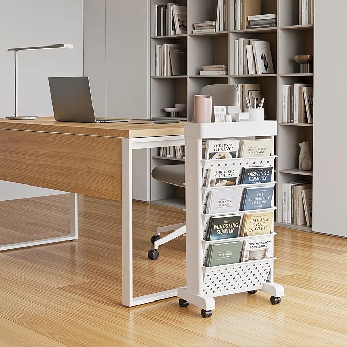 BYFU 6-Tier Rolling Bookshelf Cart, White | Movable with Wheels, File Paper Storage Organizer, For Home Office Study Classroom - Image 2
