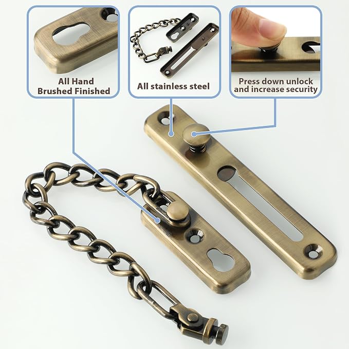 Alise Door Chain Lock,Door Security Chain Lock for Inside Doors,Bronze | Stainless Steel,Door Chain Lock Guard with Spring Anti-Theft Press Button,Door Lock Latch for Front Door - Image 4