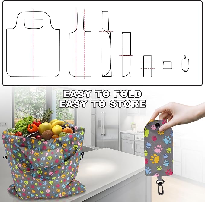 HOLYLUCK Reusable Grocery Bags,Heavy Duty Foldable Shopping Tote Bag (Standard, 3 Dog Paw Prints) - Image 5