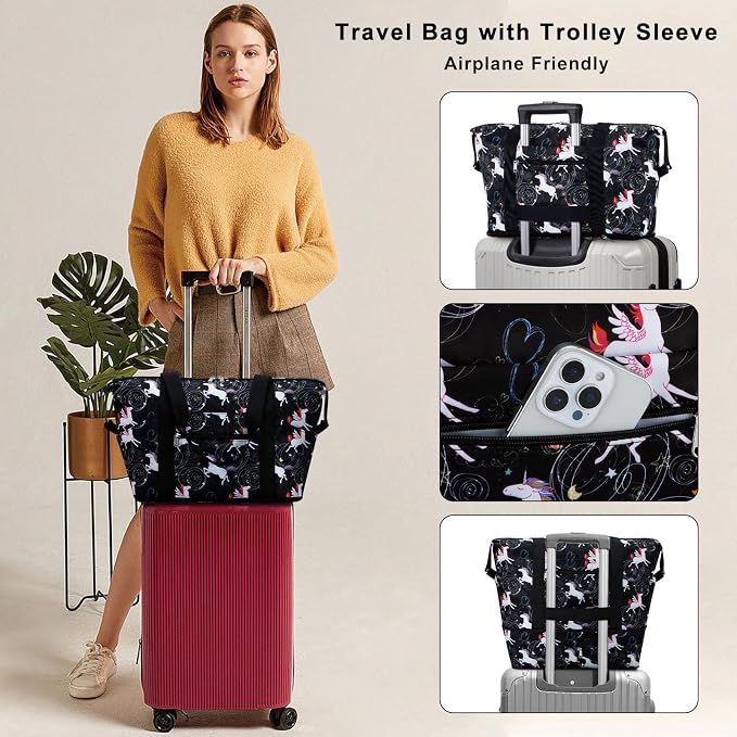 Expandable Duffel Bag for Women with Trolley Sleeve/Wet Pocket Weekender Travel Tote Large Carry On Overnight Luggage - Image 2