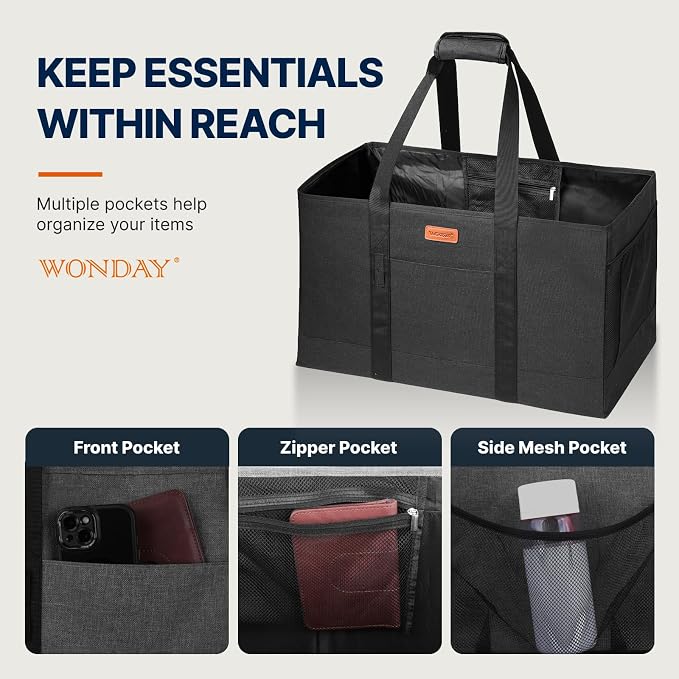 WONDAY Black Foldable Utility Tote Bag, Reusable Grocery Bag | 22x11x13in, holds 50lbs, 600D Oxford fabric with PP board bottom, folds flat, side panels only, not self-standing - Image 7