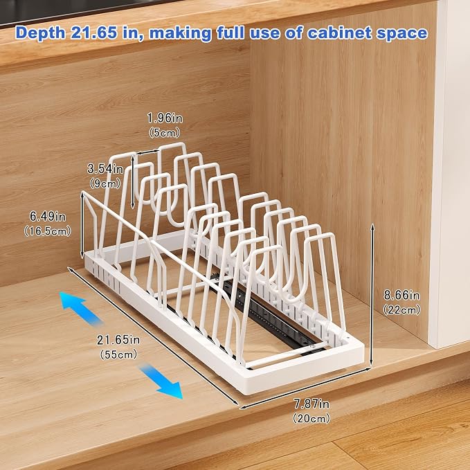 Mustorn 2 Pack Pots and Pans Organizer Under Cabinet, 21.6" Deep Pull Out Pot Lid Organizer Holder with Guardrail Adhesive Pot and Pan Holder Rack with 10 Adjustable Dividers(White) - Image 6