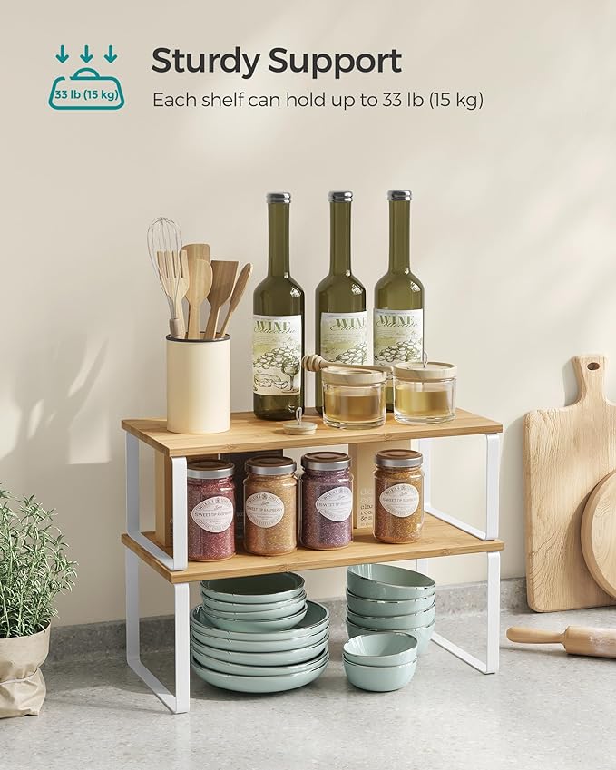 SONGMICS Cabinet Organizer Shelf, Set of 2 Spice Rack, Kitchen Storage | Kitchen Counter Storage Spice Rack, Steel, Bamboo, Light Bamboo and Matte White, BYSTRO Collection UKCS200W01 - Image 4