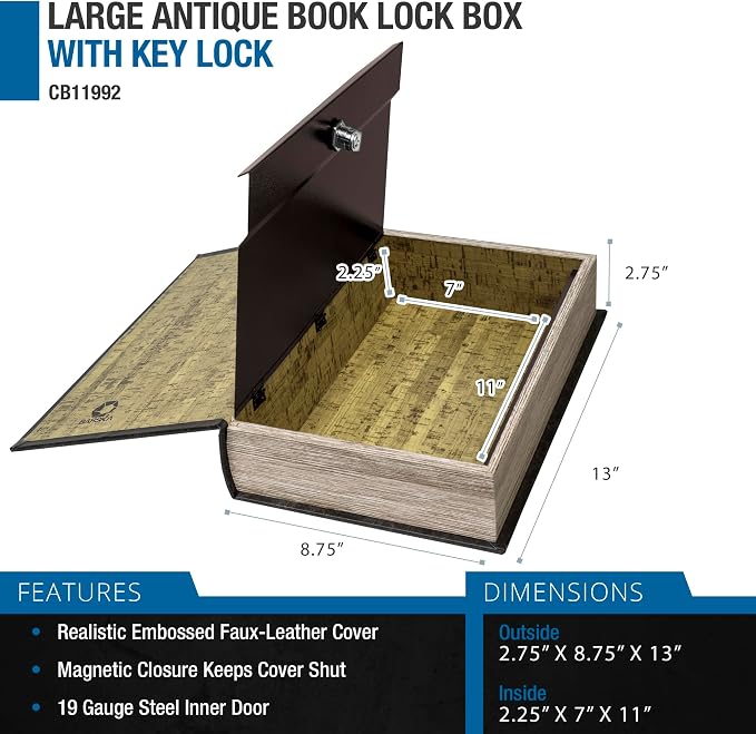 Barska Large Antique Book Lock Box with Key Lock , 8.75" x 2.75" x 13", black | Steel safe door with magnetic closure and key lock for jewelry, passports and documents - Image 3