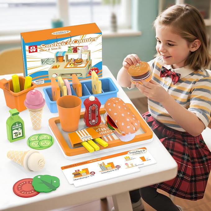 WOODMAM Foldable Wooden Kids Play Food Toys Sandwich Counter with Storage | 56 Pcs Pretend Play Kitchen Food Toy, Burger, Ice Cream, Fries, Play Money, Boys Girls Birthday Gifts for Toddlers Ages 3+ - Image 5