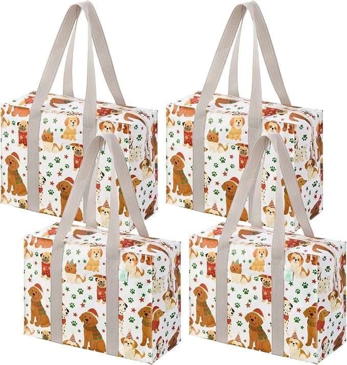 VENO 4 Pack Utility Tote Reusable Grocery Bags with Zipper & Hard Bottom | Heavy Duty Foldable Water-Resistant Shopping Bags for Summer Beach, Pool, Picnic & Travel Carry-on (Holiday Pups, 4 Pack) by Veno
