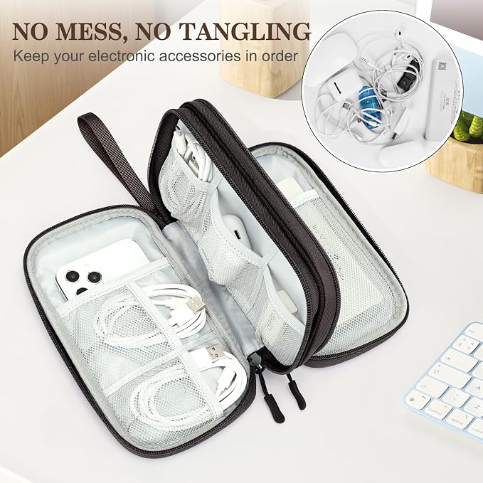 FYY Electronic Organizer, Travel Tech Pouch Bag, Medium, Coffee | Wrist Strap, Waterproof, Double Layers Portable Electronics Travel Carrying Case for Cord, Charger, Daily Business Trips Use - Image 5