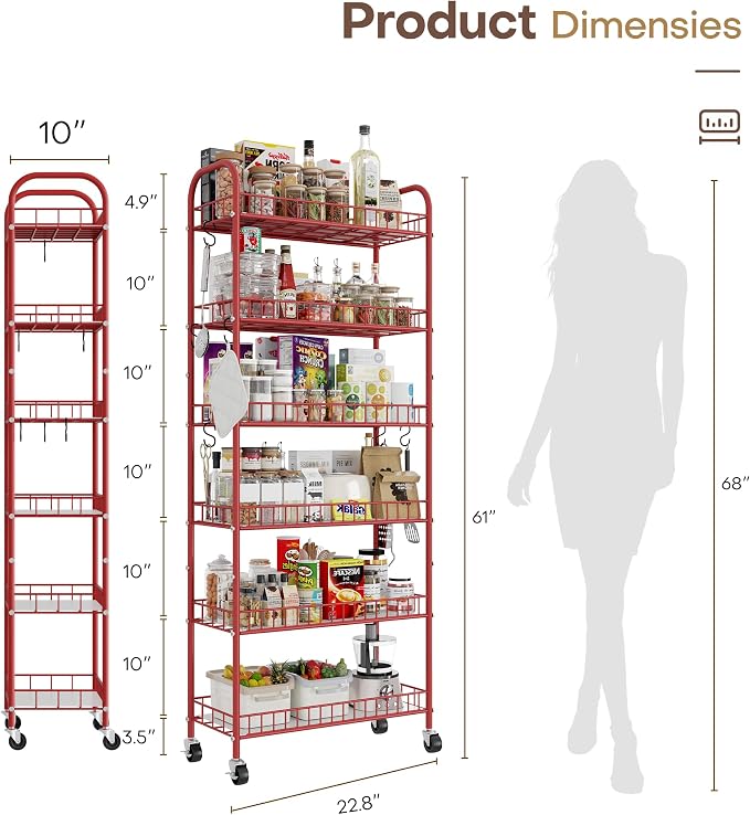 Slim Rolling Storage Cart, 6 Tier Metal Kitchen Rolling Utility Cart with Lockable Wheels for Kitchen, Bathroom, Laundry Room, Small Narrow Spaces (Red 10 Inches) - Image 5