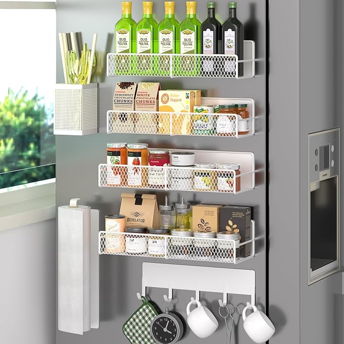 Magnetic Spice Rack for Refrigerator, 7 Pack 100% Metal Strong Magnet Shelves, Kitchen Spice Organizer W/ Hook Rack, Paper Towel Holder, Utensils Caddy, Home Laundry Room Storage Organization (White) by DTUQYX