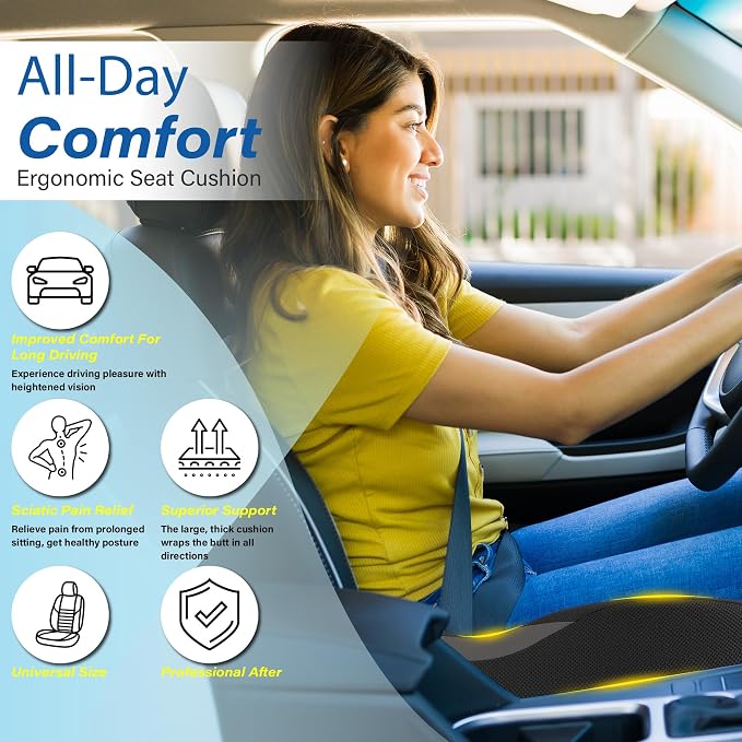 Allaboutsla Car Seat Cushion for Driving, Car Seat Pillow for Short Drivers | Ergonomic Memory Foam Seat Cushion for Pain Relief, Adult Booster Seat for Car, Butt Cushion for Car, Truck, Classic Black - Image 3