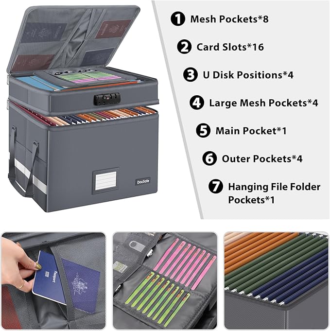 DocSafe File Box with Lock,Multi-Layer Fireproof Document Box Collapsible File Storage Organizer with Pockets/Handle,Large Portable Home Office Filing Box for Hanging Letter/Legal Size Folders,Gray - Image 2