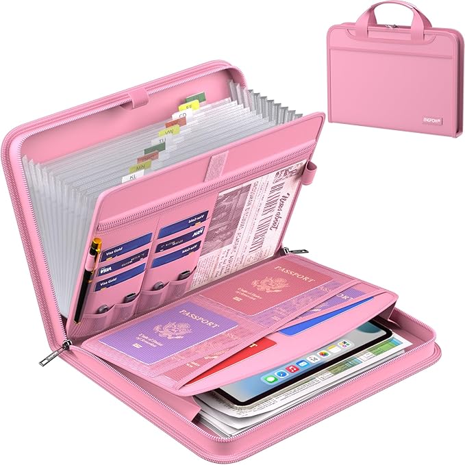 ENGPOW Accordion File Organizer,Fireproof Expanding File Folder with Multi Pockets,13 Pockets Document Organizer with Handle & Labels,Portable Home Travel Safe Storage Folder for Letter A4 Files,Pink by ENGPOW