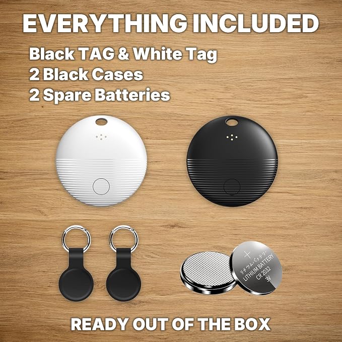 2-Pack Bluetooth Tracker Tags Black & White for Android, Works with Google Find Hub — Key Finder with 105dB Loud Alarm, Ultra Thin, 2 Silicone Keyring Cases & 2 Extra CR2032 Batteries Included - Image 5