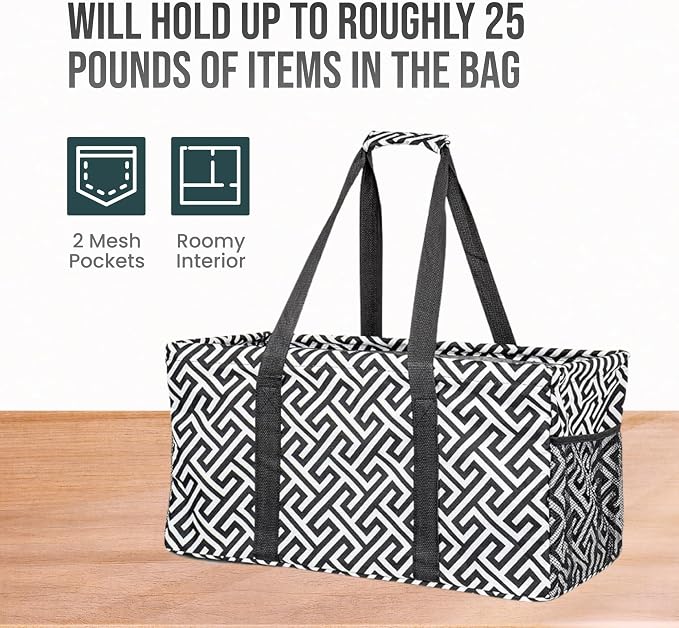 Extra Large Utility Tote Bag - Oversized Collapsible Reusable Wire Frame Rectangular Canvas Basket With Two Exterior Pockets For Beach, Pool, Laundry, Car Trunk, Storage - Geometrc Black - Image 5