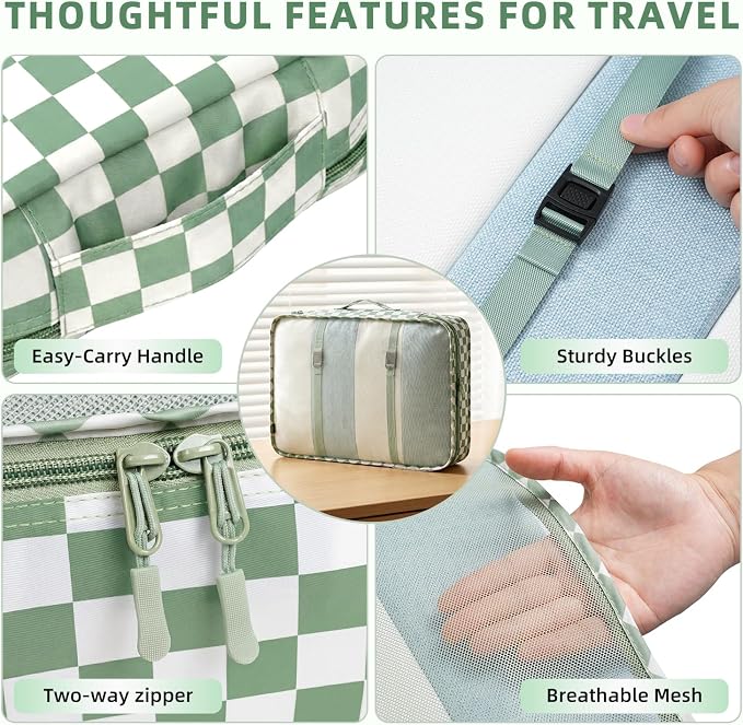 BAGAIL 8 Set Packing Cubes Luggage Packing Organizers for Travel Accessories-Matcha checkered - Image 5