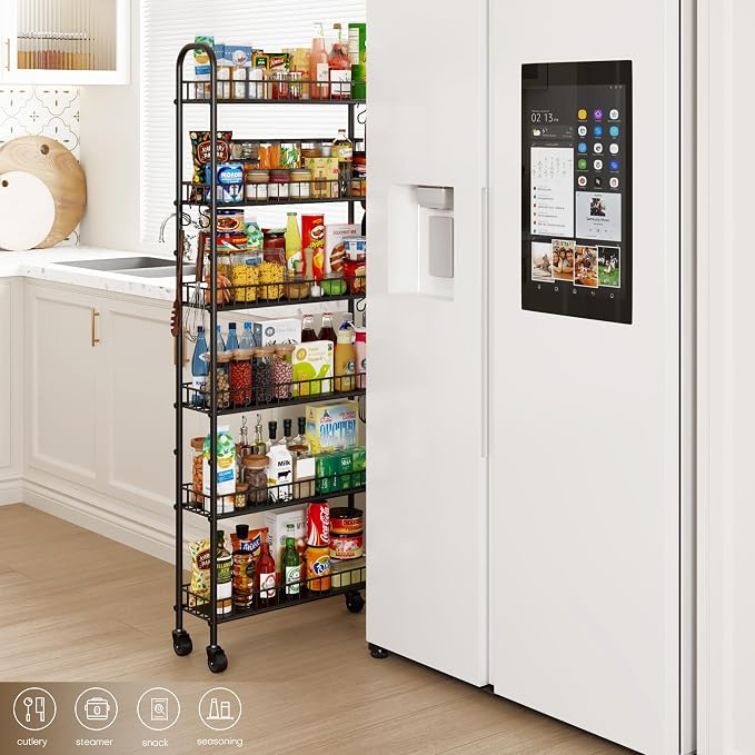 6-Tier Slim Storage Cart, Rolling Kitchen Cart with Wheels | Narrow Metal Shelf Organizer with Hooks for Kitchen, Bathroom, Living Room, Laundry, Small Spaces, Black, 6 in - Image 5