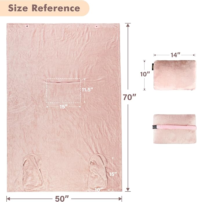 Tirrinia Travel Portable Blanket with Feet Pocket Airplane Office Poncho 4 in 1 Zippered Front Pocket Premium Cozy Fleece Blankets with Built-in Bag - Image 7