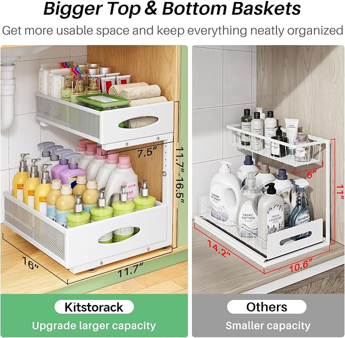 Under Sink Organizer, 1-Pack Pull Out Cabinet Organizer 2 Tier Metal Slide Out Storage Shelf Rack, L-Shaped Adjustable Height,Mesh Sliding Drawer for Kitchen, Bathroom, Laundry, Pantry, White, XL - Image 3