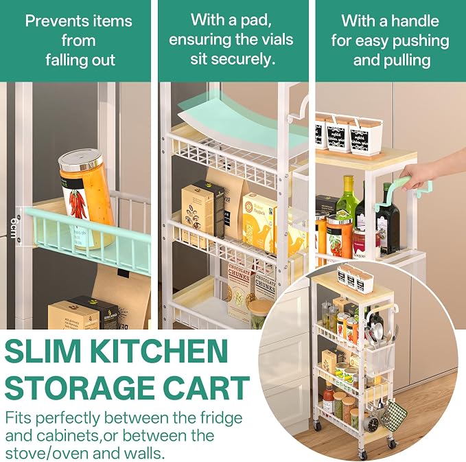 DTUQYX Slim Bathroom Storage Cart, 4 Tier Small Rolling Organizer Cabinet with Wood Top Handle, Mobile Shelving Unit Slide Out for Office, Kitchen, Laundry Room & Narrow Places (9.1" W Wood Basket) - Image 4