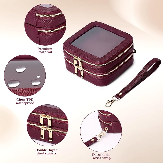 Pinkmik Double Layer Makeup Bag (Burgundy, 2-Layer MINI) | Small Clear Makeup Pouch, Mini Travel Cosmetic & Toiletry Bag, Purse Organizer, Car Essentials for Women - Image 5