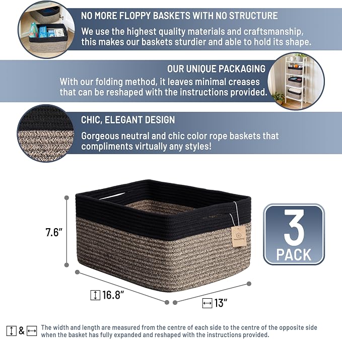 NaturalCozy Storage Baskets 16.8”x13”x7.6” Cotton Rope Woven Baskets for Organizing 3-Pack | Toy Storage Bins | Basket for Shelves, Laundry, Blanket, Clothes, Closet, Kitchen, Bathroom, Gifts - Image 2