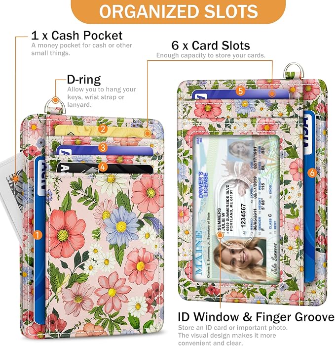 Yonlevres Floral Credit Card Holder Slim RFID Wallet Women Small Travel | Front Pocket, Handy, RFID Blocking, Woman Girls Ladies Gifts, D-ring for Keychain,Thin Mini Card Case, ID Window, PU Leather - Image 4