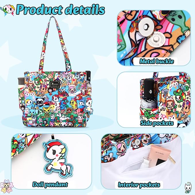 tokidoki Unicorno Foldable Tote Bag for Women, Canvas Tote Bags with Doll Portable Shoulder Handbag for school Work Travel - Image 3