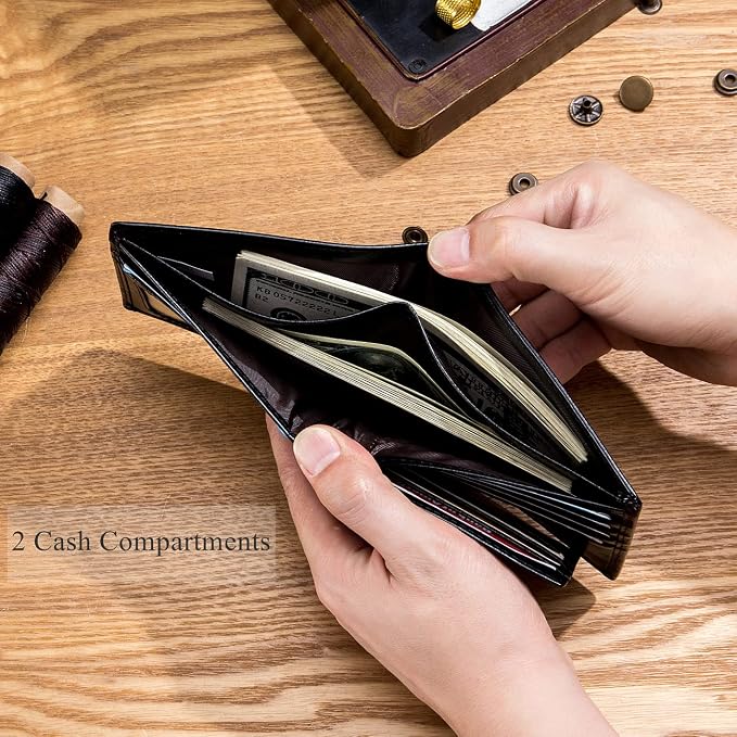 BULLCAPTAIN RFID Wallets for Men,Genuine Leather Wallet QB-05 (Black) | Slim,Bifold,Front Pocket Wallet, 2 ID Windows,11 Card Slots,RFID Blocking Technology,Gift Choice - Image 5