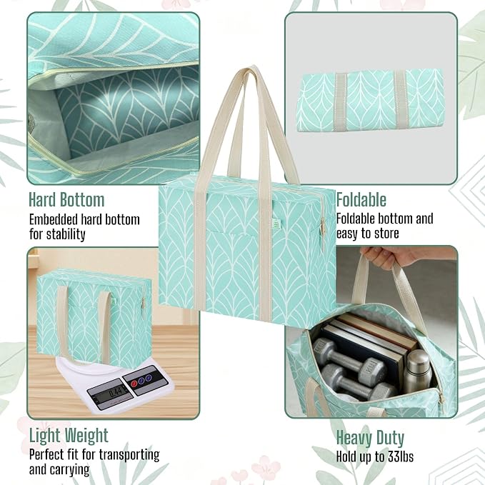 VENO 2 Pack Utility Tote Reusable Grocery Bags with Zipper & Hard Bottom | Heavy Duty Foldable Water-Resistant Shopping Bags for Summer Beach, Pool, Picnic & Travel Carry-on (Evergreen, 2 Pack) - Image 9
