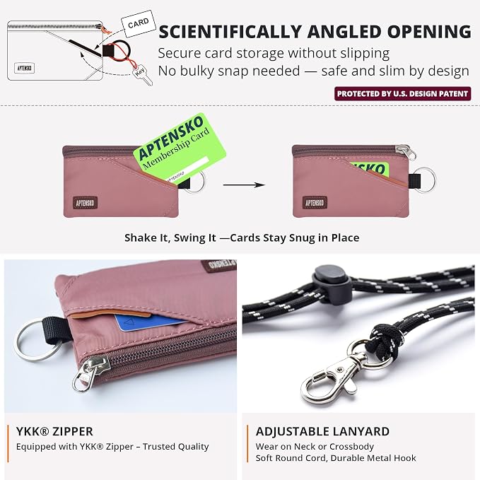 RFID Blocking Travel Wallet with Adjustable Lanyard, Small Nylon Zipper Pouch and Badge Holder for ID, Credit Cards, Cash, Keys, Commuters (Warm Mauve) - Image 6