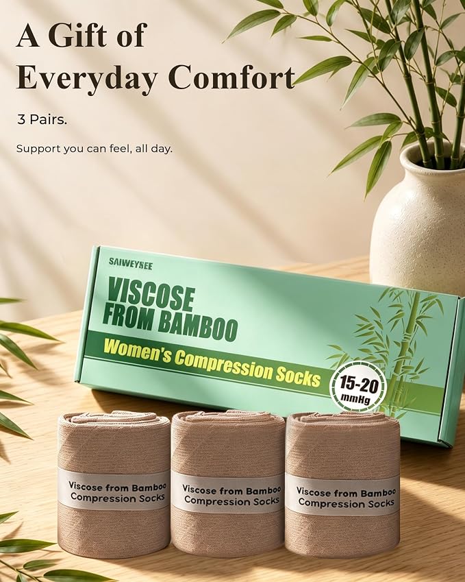 Compression Socks for Women 15-20 mmHg, Viscose from Bamboo, 3-Pair Knee High for Flying, Work & All-Day Comfort - Image 5