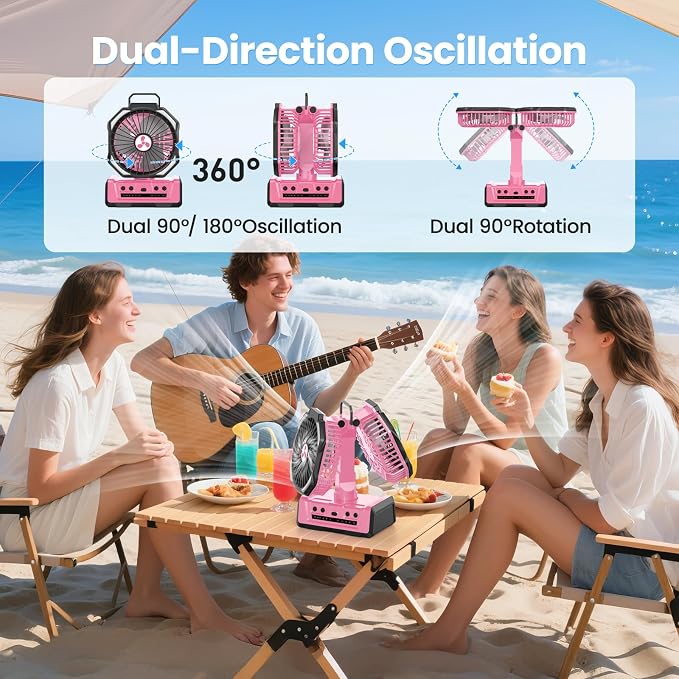 Dual Head Portable Rechargeable Fan 20000mAh Battery Powered Camping Fan Cordless with LED Lantern & Remote, Auto Oscillation, Hook, Battery Operated for Tent Office Travel Picnic Jobsite Pink - Image 5