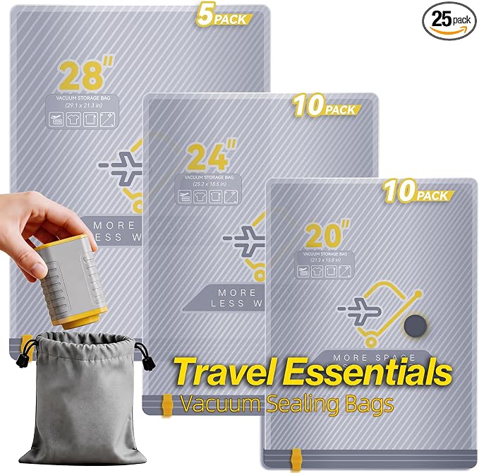 25-Pack Vacuum Bags for Travel with Wireless Rechargeable Pump | Carry-on Size Compression Packing Bags for Luggage & Suitcase, Space Saver for Clothes & Home Seasonal Storage, 3S Vacuum by TheArtofSmartTravel